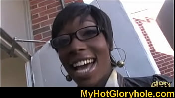 Gloryhole ebony babe sucking white monster 27
