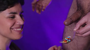 I cum into a spoon she sprinkles some candies in it and gulps it up