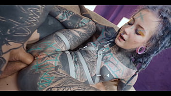 Heavily tattooed babe takes double anal — sloppy blowjob atm and huge gaping holes