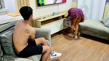 The domestic worker has a threesome with her boss and his stepson