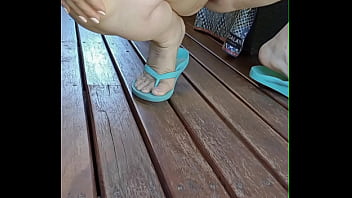 Sexy mature with summer dress and no knickers squats so you can see her gaping cunt