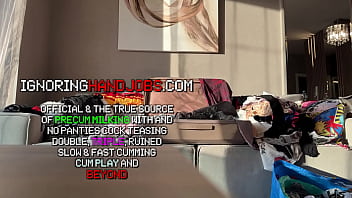 Super hot and sexy tight pussy brunette cheerleader in a mini skirt teases a big cock guy with a handjob