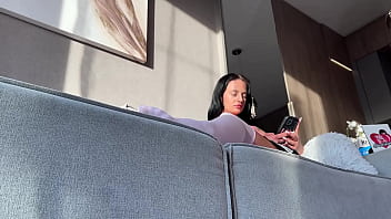 Super hot and sexy tight pussy brunette cheerleader in a mini skirt teases a big cock guy with a handjob