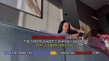 Super hot and sexy tight pussy brunette cheerleader in a mini skirt teases a big cock guy with a handjob