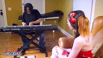 Talented brunette cloe sings a song and blows a dick to swallow cum