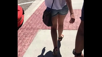 Sexy girl in booty shorts walking voyeur