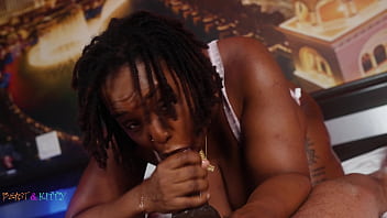 Ebony babe bouncing up and down on his cock