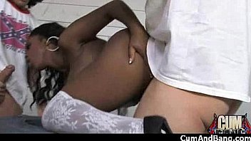 Black chick deepthroats a group of white studs and gets rewarded with cum 11
