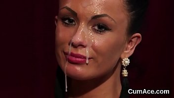 Frisky babe gets sperm shot on her face swallowing all the spunk
