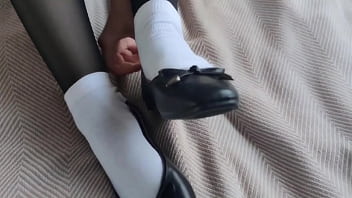 Blowjob and sex with girlfriend in black pantyhose white socks and cute shoes