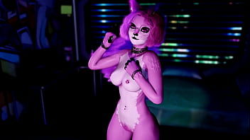Playful pink furry cat girl seductively dances and poses solo at night