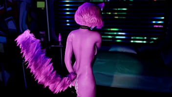 Playful pink furry cat girl seductively dances and poses solo at night