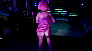 Playful pink furry cat girl seductively dances and poses solo at night