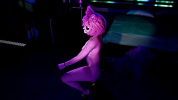 Playful pink furry cat girl seductively dances and poses solo at night