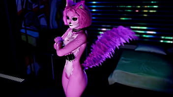 Playful pink furry cat girl seductively dances and poses solo at night