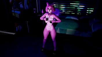 Playful pink furry cat girl seductively dances and poses solo at night