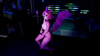 Playful pink furry cat girl seductively dances and poses solo at night