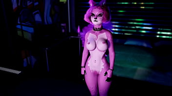 Playful pink furry cat girl seductively dances and poses solo at night