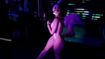 Playful pink furry cat girl seductively dances and poses solo at night