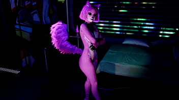 Playful pink furry cat girl seductively dances and poses solo at night