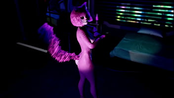 Playful pink furry cat girl seductively dances and poses solo at night