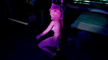 Playful pink furry cat girl seductively dances and poses solo at night