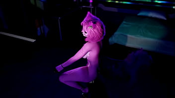Playful pink furry cat girl seductively dances and poses solo at night