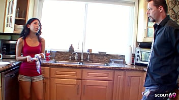 Skinny step daughter with small tits seduce big dick older guy to cheating fuck when home alone