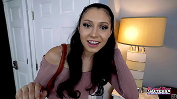 Brunette beauty raven lane sucks a juicy big dick and gets a cum facial