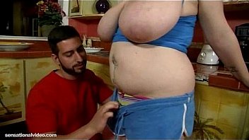 Chubby teen with big boobs n belly sucks huge cock