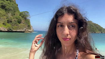 Walking with hot cum on my face on a public beach full of people cumwalk