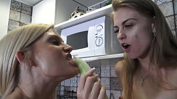 Blondies have sex fun with vegetables and fruits in kitchen