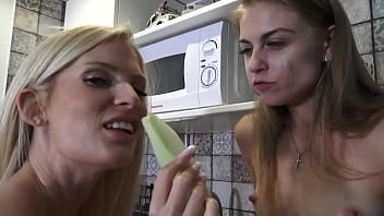 Blondies have sex fun with vegetables and fruits in kitchen