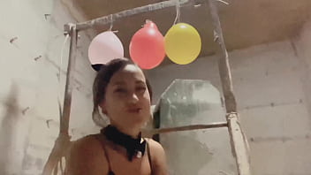 Dominant girl mistress tied bondage guy at car parking sucked and fucked his mouth with dildo femdom teens