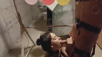 Dominant girl mistress tied bondage guy at car parking sucked and fucked his mouth with dildo femdom teens