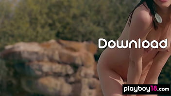 Skinny small titted naked beauty spreads her legs by the pool