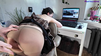 Milf neighbor catches lover watching pantyhose porn and fucks him in her sheer tights