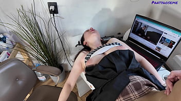 Milf neighbor catches lover watching pantyhose porn and fucks him in her sheer tights