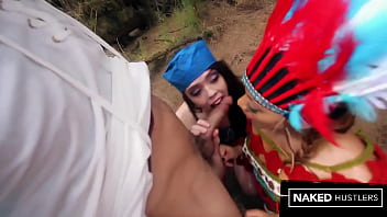 Interracial double blowjob from 2 big booty baddies in the woods