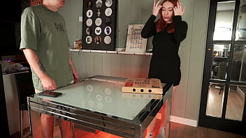 Redhead delivery girl steals my pizza and gets fucked as punishment