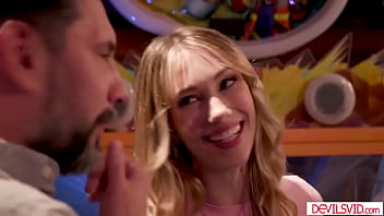 Sky pierce wants to try giving her stepdad blowjob in the amusement park but he hesitates she shows him her pussy getting him hard and fuck her