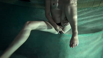 Petite slut wife fingers her pussy to orgasm in the pool