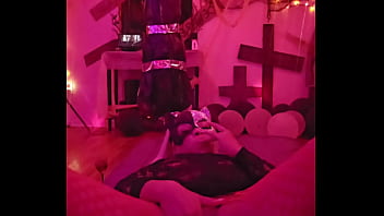 Sexy cat cleans and plays while wolf prowls