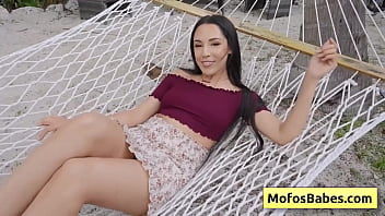 Watch this beautiful black haired teenager shows off her nice round big tits outdoors