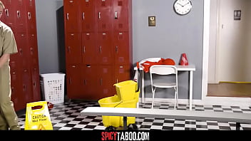 Teen got caught sniffing panties by the janitor and gets fucked after