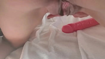 Husband dressed in women's clothing finds his wife playing with a large dildo and penetrates her anally