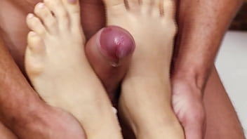 Footjob leads to a deep fuck against the sink for this cute blonde