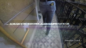 Wetting jeans slurping pee of the floor and pee