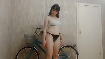 Her new put a butt plug into ass a fake cock into pussy and sit on the bicycle