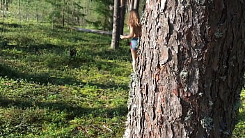 Young girl in short shorts walks in the forest and gets horny she shows her lustful pussy sucks dick and fucks doggystyle forest fun of amateur couple pov sex